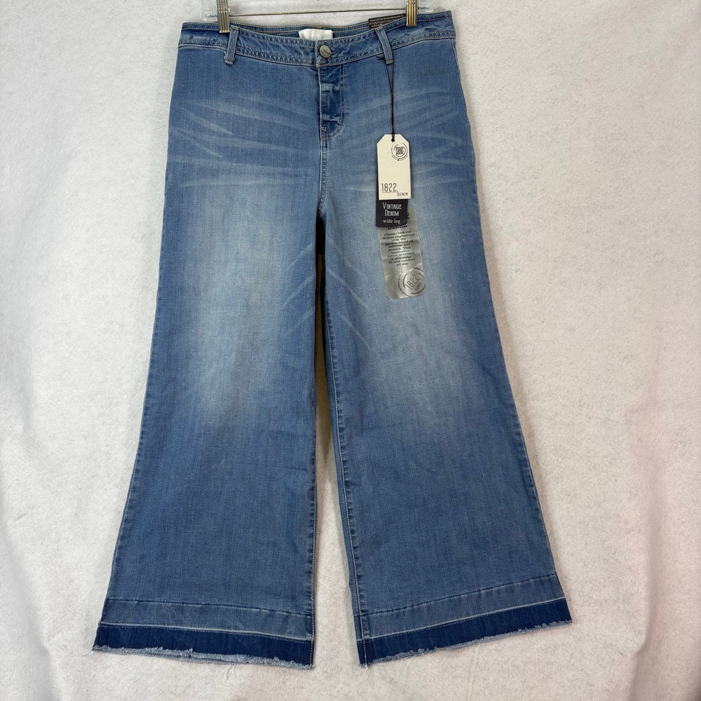 1822 Denim Vintage Wash Frayed Hem Wide Leg Jeans Women 16 Boho Festival Cottage